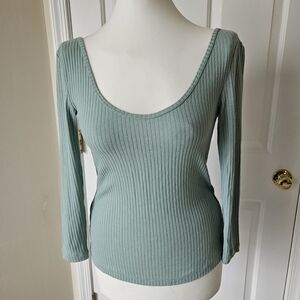 Mango - Ribbed Scoop Neck, Basic Long Sleeve Top - Sage Green S